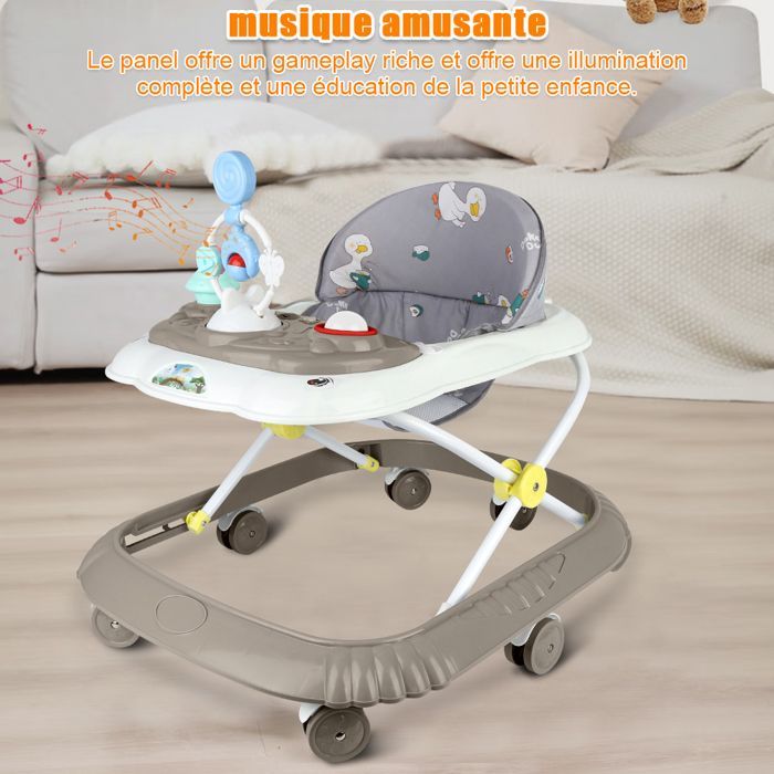 Girello/Giocattolo convertibile 4 in 1, adatto a bambini e bambine, anticaduta, con musica e piatto per la pappa, colore marrone.