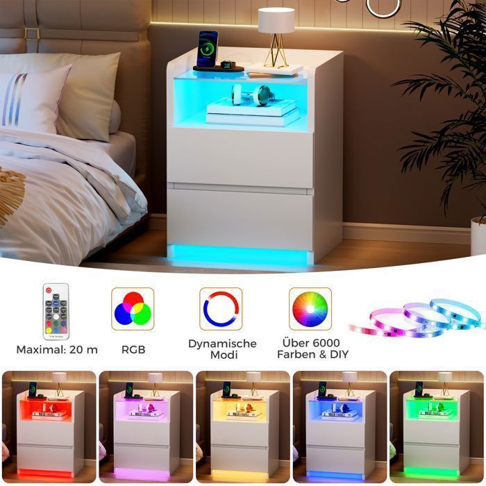 Set of 2 Bedside Tables 40×35×60cm with Glass Top, 2 USB Ports and Sockets, Adjustable LED, 2 Drawers, White