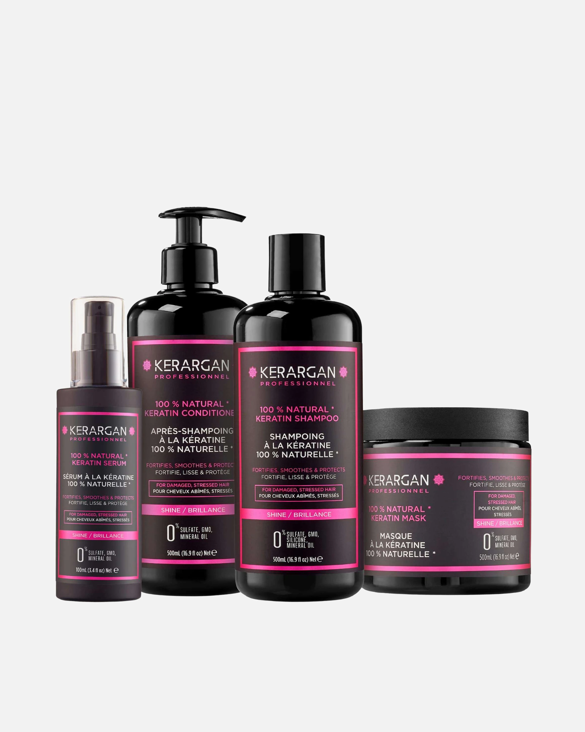 Kerargan Kerargan - Ensemble Ultra Réparateur Shampoing, Après-shampoing, Masque & Sérum à la Kératine pour Cheveux Abîmés et Stressés