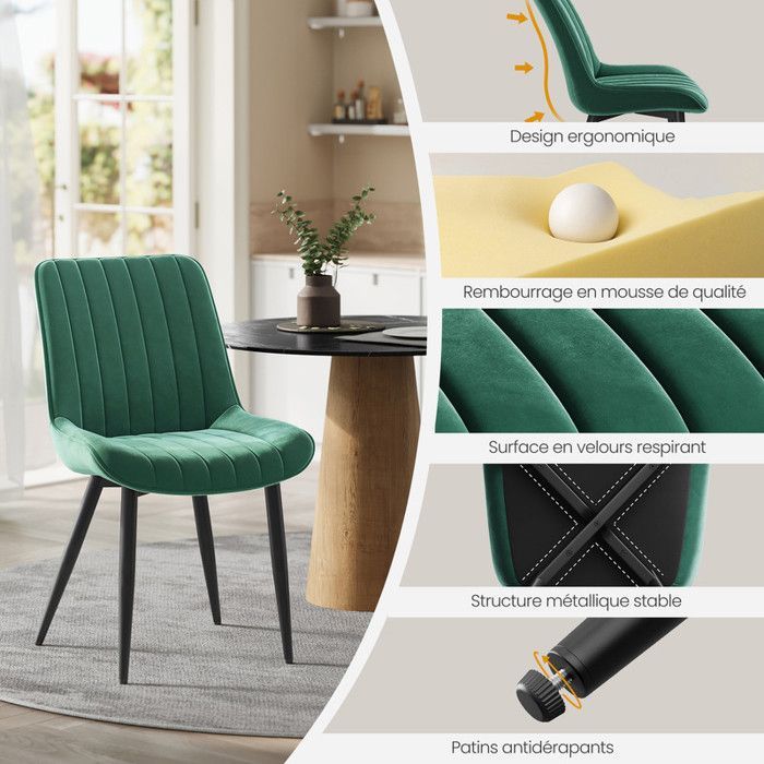 Set di 2 sedie da pranzo HavenlyHome, schienale ergonomico, seduta imbottita in velluto, per soggiorno e camera da letto, colore verde.