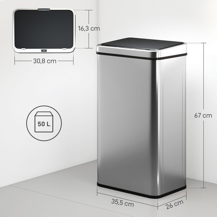 Cubo de basura automático para cocina - HOMCOM - 50L - tapa de cierre suave - acero inoxidable - 35,5x26x67cm - plata
