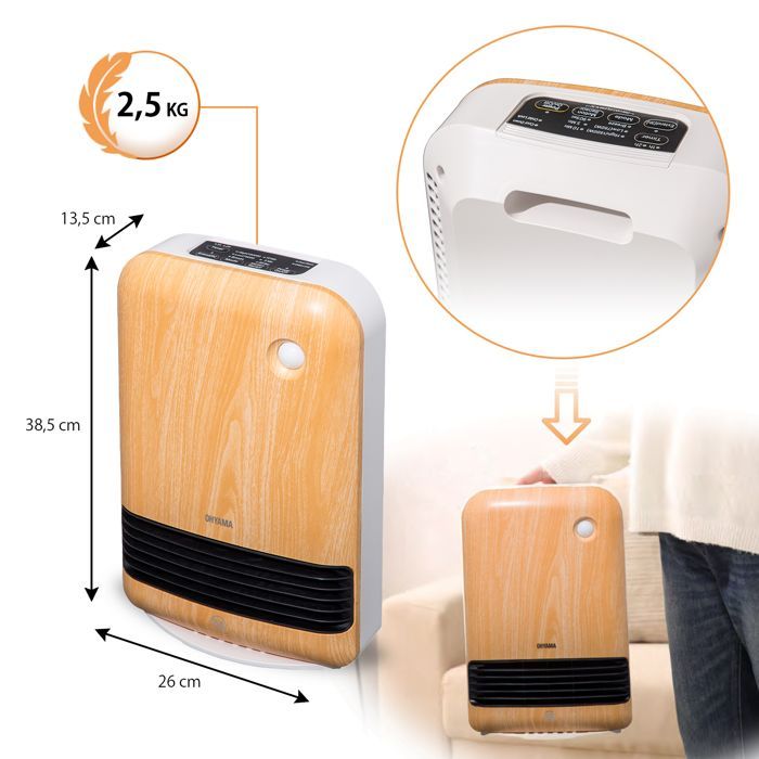 Iris Ohyama, Calefactor portátil compacto con detector de movimiento, alcance de 90 cm, 1500 W, Madera