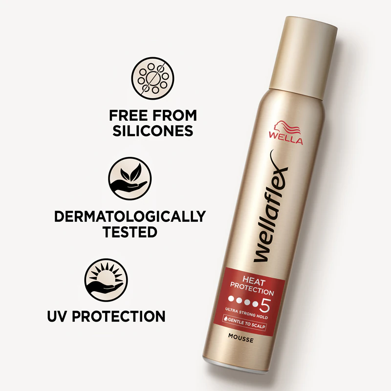 Wella Wellaflex hittebeschermende haarmousse beschermt je haar tegen hoge temperaturen.