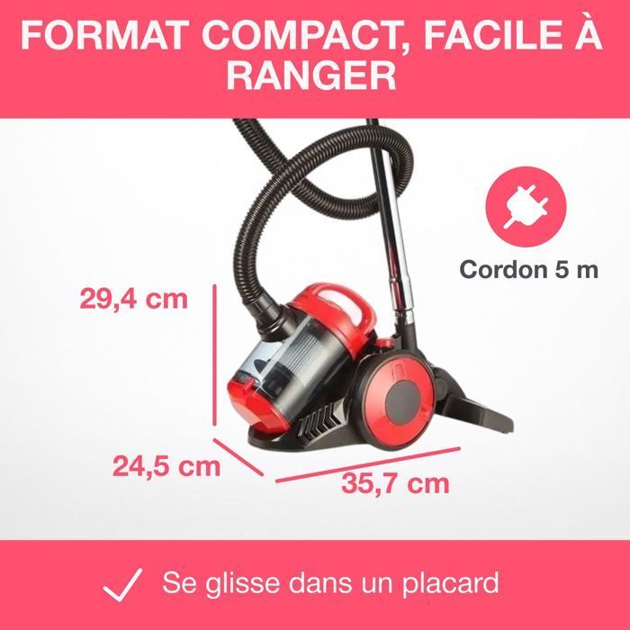 Aspiradora cilíndrica sin bolsa OCEANIC VC10RBAX2 - 700 W - 80 dB - Clase A - Roja