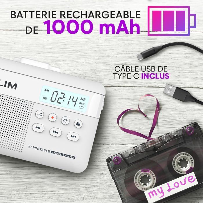 Cassette Player K7 - Lecteur Cassette Audio - Convertisseur Audio en MP3 - Microphone et Haut-Parleur intégrés - Blanc