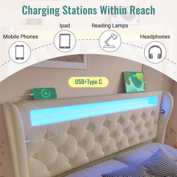 Cama doble tapizada Lemonbest con iluminación LED, 160 x 200 cm, cama con almacenamiento, sistema hidráulico y puertos USB y tipo C, terciopelo + beige.