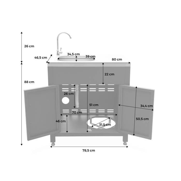 GRIMAUD Cozinha Externa de Aço de 80cm com Pia