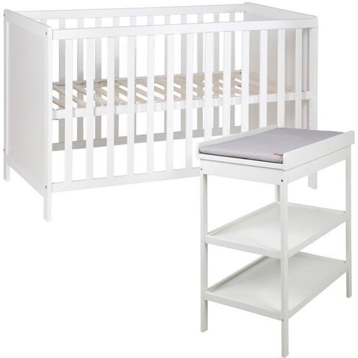 Chambre Bébé ROBA Style - Lit Cododo 60x120 + Table à Langer - Blanc/Gris argenté - Hauteur réglable