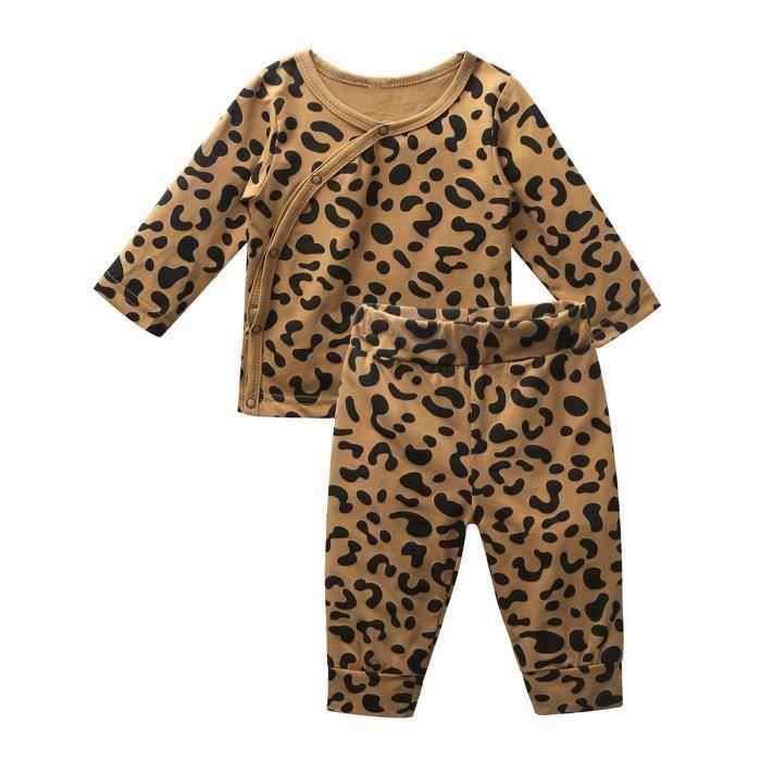 Conjunto de pijama unisex para bebé niña y niño con estampado de leopardo, de 0 a 18 meses - Marrón