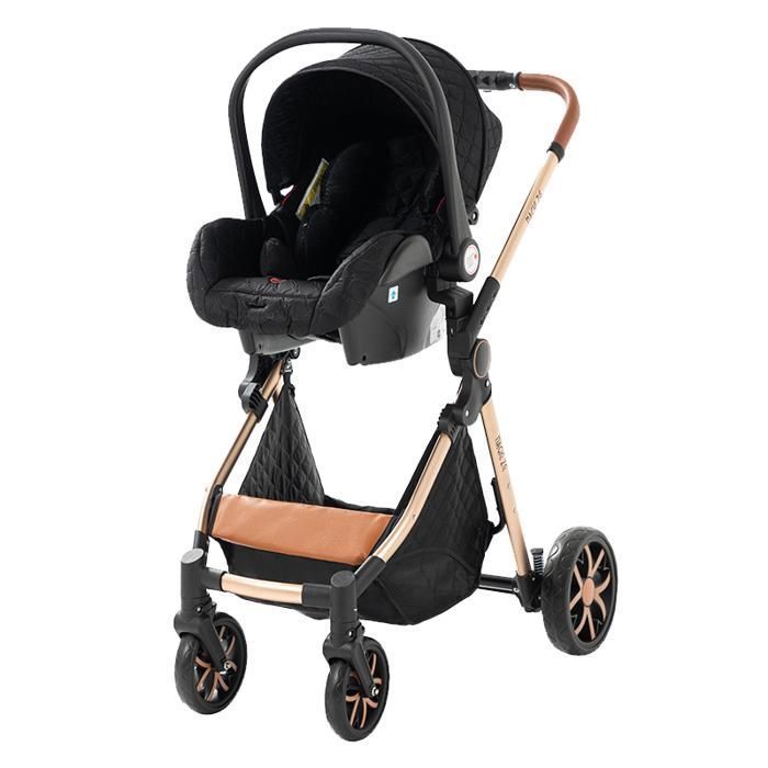 Carrinho de Bebê Magic ZC, Sistema de Viagem 3 em 1 com Bolsa, Suporta até 15kg, 0-3 Anos, Visão Horizontal Elevada, com Cesto Grande, Preto e Dourado