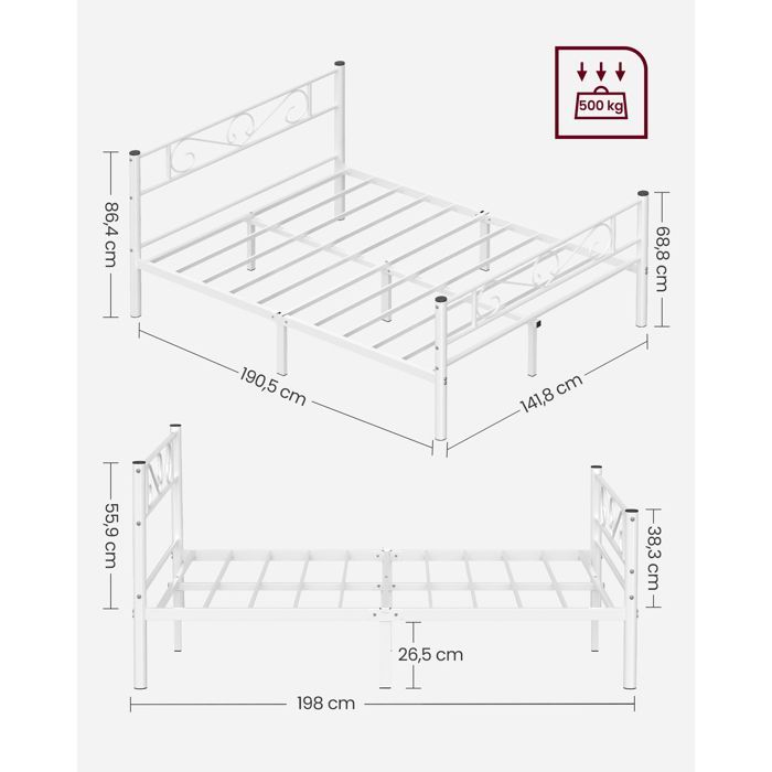 Estructura de cama VASAGLE de 140 x 190 cm con somier de láminas metálicas, cama doble, metal, fácil montaje, para habitación de invitados, blanca