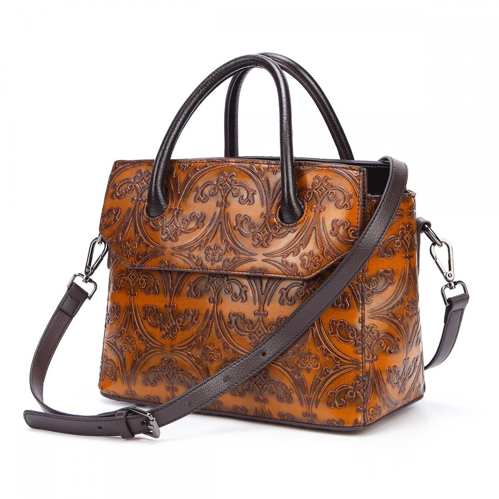Borsa a tracolla/a mano in vera pelle di alta qualità, modello classico con lavorazione a rilievo, in pelle naturale, con manico superiore, da donna.
