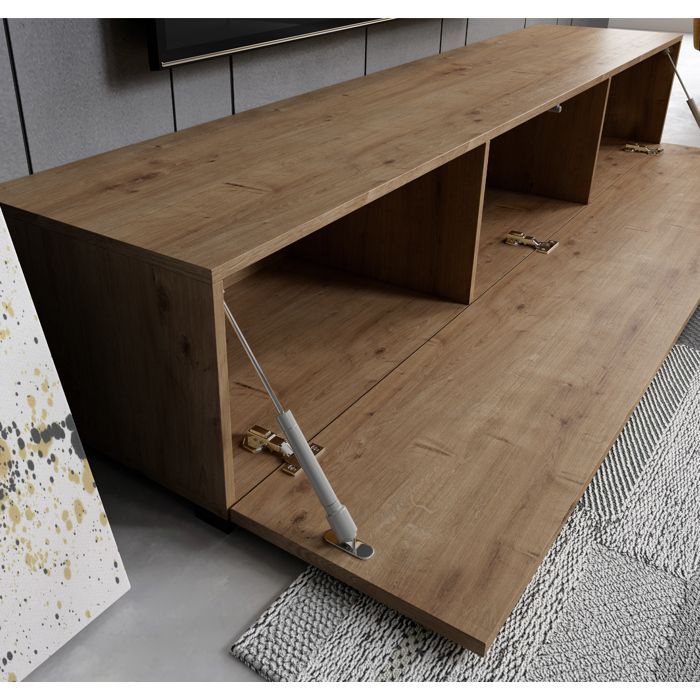 Mueble para TV con patas para salón | 1 puerta con 3 compartimentos | Color roble | Ancho 180 x Profundidad 40 x Alto 32 cm | Modelo Aitana M2