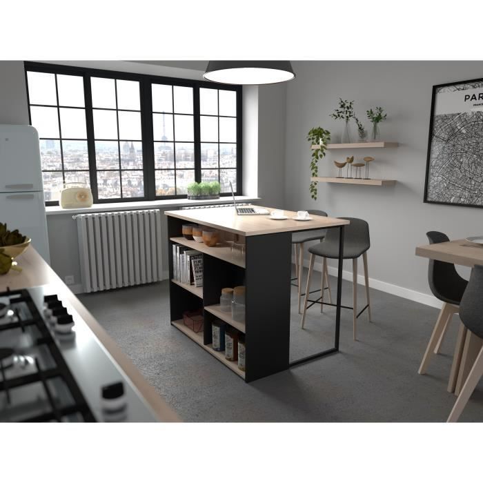 Îlot central BRUNCH - Décor chêne et noir - 5 espaces de rangement - Modulable - L 109,4 x P 79,7 x H 89,8 cm