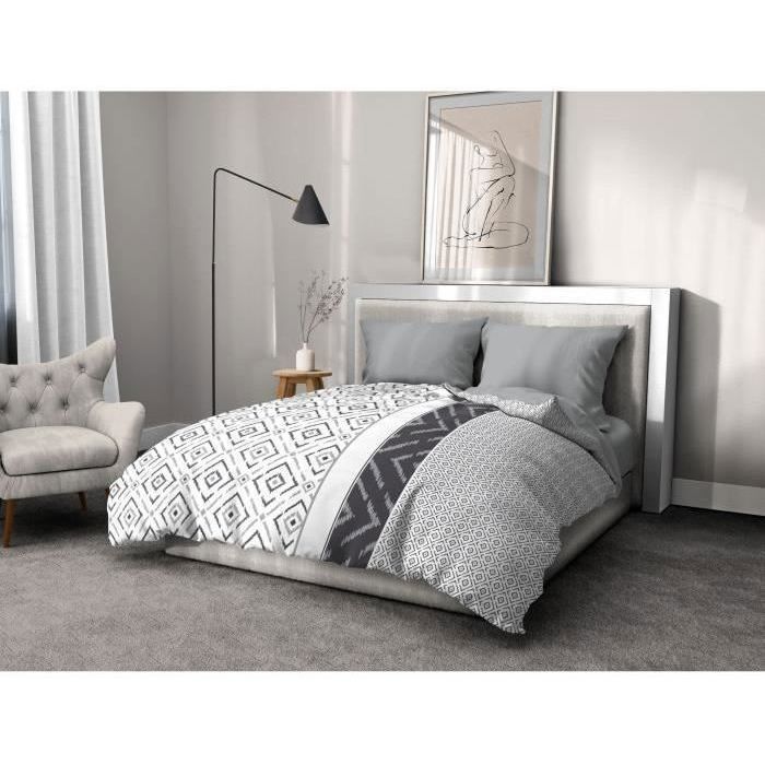 Parure de couette microfibre ETHNO - 1 housse de couette 240 x 260 cm + 2 taies d'oreiller 63 x 63 cm - Gris
