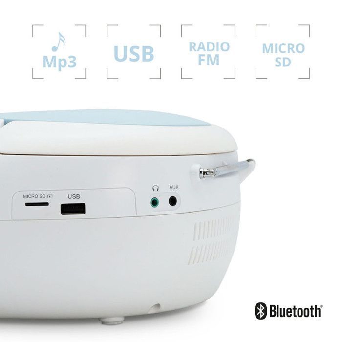 Reproductor de CD/radio FM Bluetooth portátil - Reproductor MP3 estéreo, USB, entrada AUX, Micro-SD, conector para auriculares, alimentación CA/batería - Azul