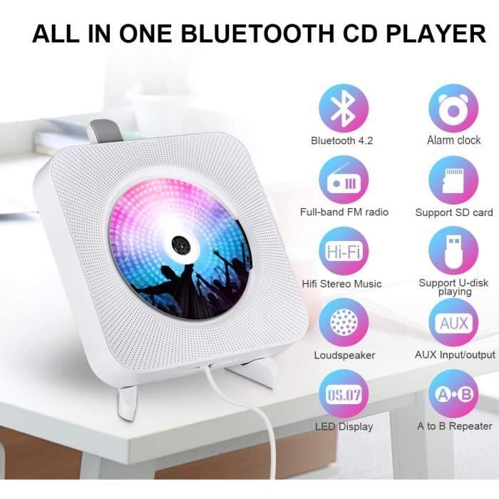 Gueray draagbare cd-speler, wandmontage Bluetooth cd-speler met ingebouwde hifi-luidspreker, FM-radio met 3,5 mm audio-aansluiting, sleutel
