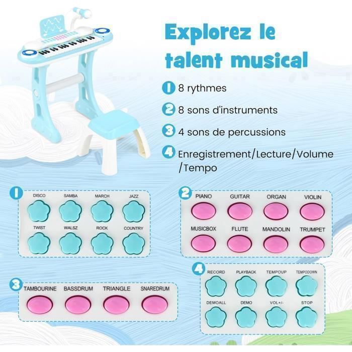 Piano electrónico infantil COSTWAY de 37 teclas con taburete - 4 sonidos de percusión - 8 ritmos - Micrófono - Luz intermitente - Azul