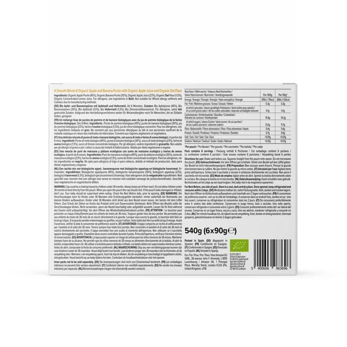 Postres de frutas Mama Bear - 52677 - Marca Amazon - Puré de manzana, plátano y avena, vegetariano, 90 g (paquete de 6)