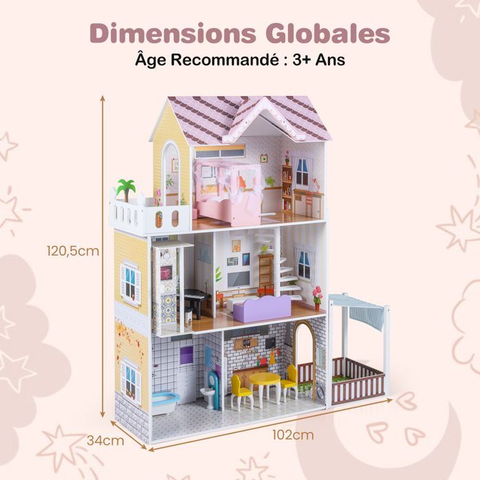 Casa de muñecas de madera COSTWAY - 16 accesorios con 3 pisos para niñas y niños de 3 años en adelante. 102 x 34 x 120,5 cm (largo x ancho x alto).