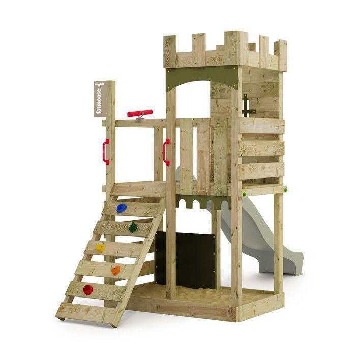 Tour de jeux bois FATMOOSE BoldBaron Boost XXL avec toboggan 220 cm vert sauge et mur d’escalade – 10 ans de garantie*