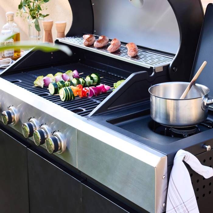 Barbecue a gas MAXIM a 4 bruciatori + 1 fornello laterale, cucina da esterno con ruote, ripiani e termometro.