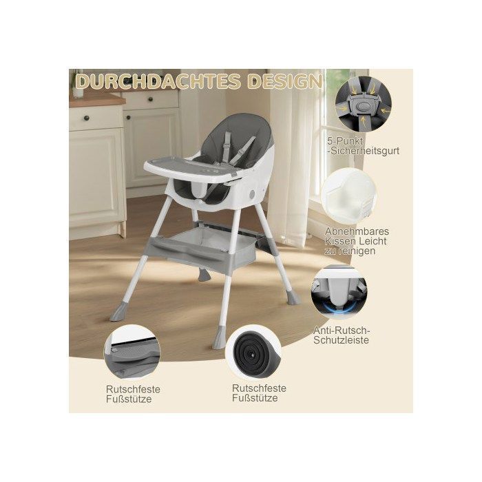 Trona para bebé - ALIGHTUP - Trona convertible, respaldo reclinable, plegado compacto, ajustable, multifuncional - Gris
