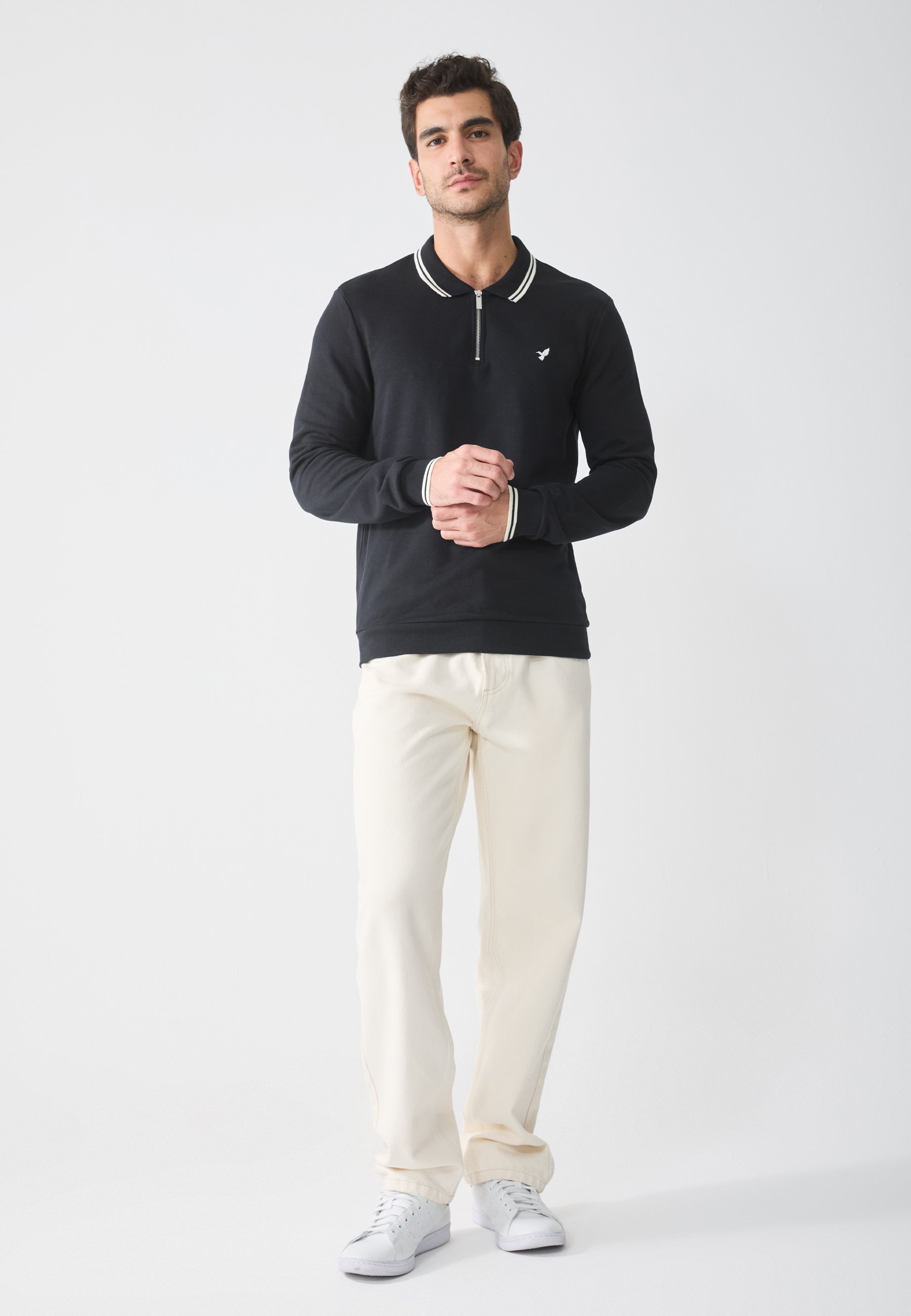 Pier One SWEAT ZIP POLO - Poloshirt - echt zwart