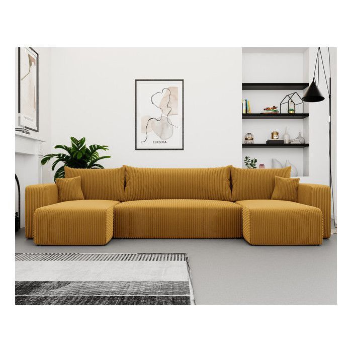 Canapé d'angle Panoramique PIANO U - 7 places - Canape Convertible avec Coffre - Tissu Velours Cotelé - Moutarde