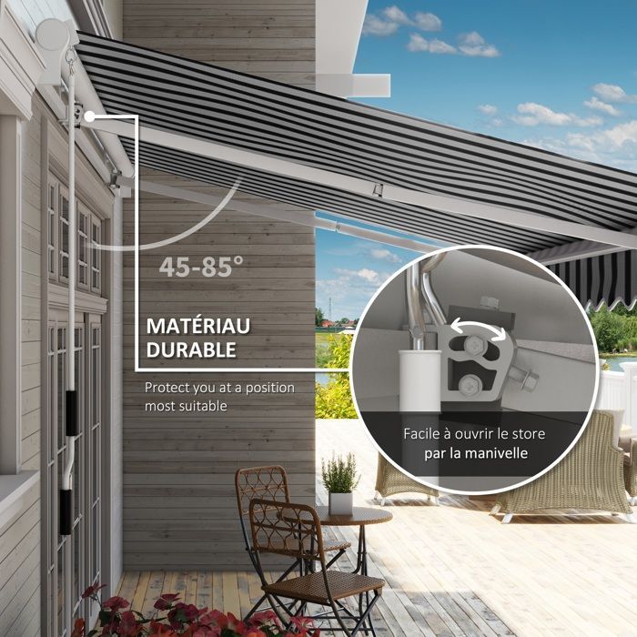 Toldo manual retráctil de 395 x 245 cm - Outsunny - manivela, poliéster de 280 g/m² con protección UV, aluminio - azul y blanco