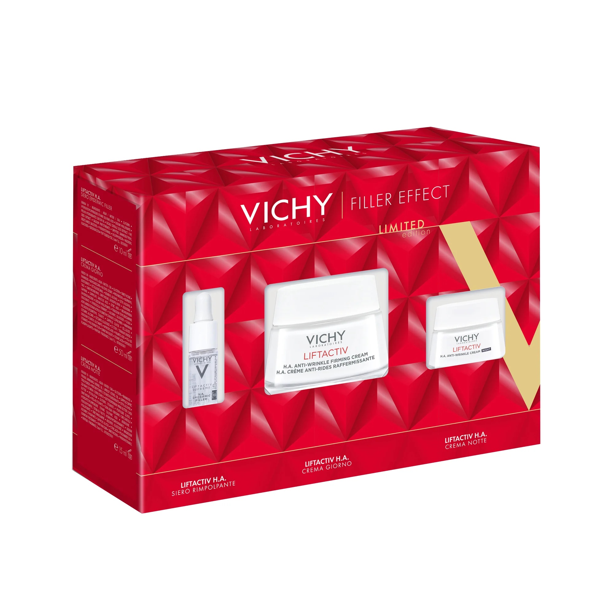 Kit de presente VICHY Liftactiv HA: Creme de dia 50 ml + Sérum preenchedor epidérmico HA 10 ml + Creme de noite Liftactive Supreme 15 ml com efeito preenchedor