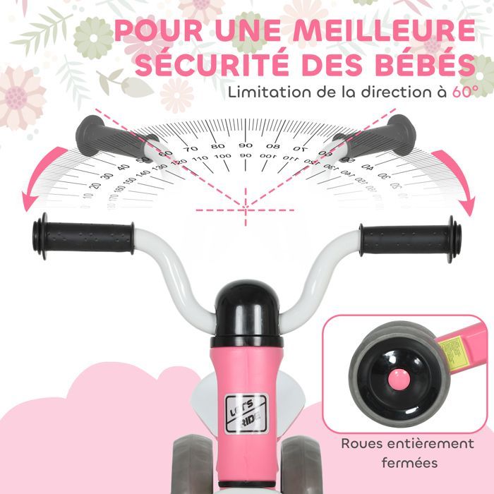 Loopfiets voor baby's - AIYAPLAY - 1-3 jaar - 3 stille wielen - voor binnen en buiten - metaal en kunststof - 69x40x49 cm, roze