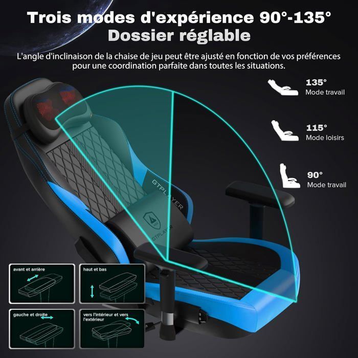 Silla gaming GTPLAYER con masaje, silla de oficina ergonómica con respaldo ancho y reposabrazos 4D, azul
