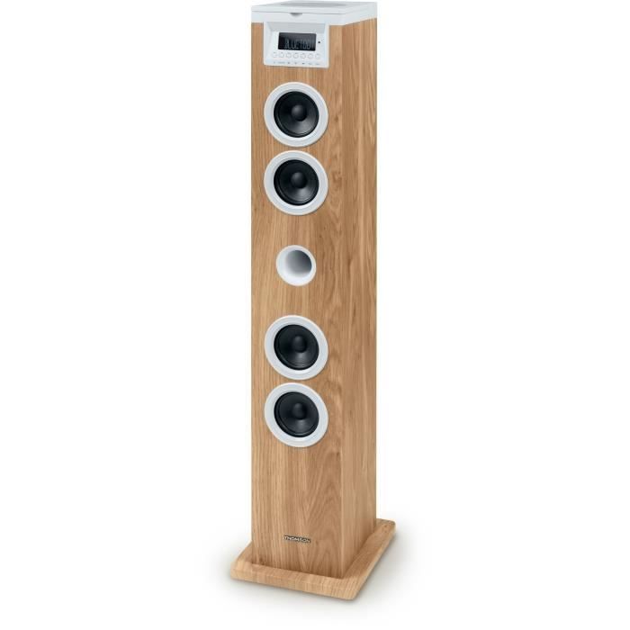 Altavoz de torre - THOMSON - Bluetooth/CD/USB/SD - Blanco/Madera - 60W - Radio FM
