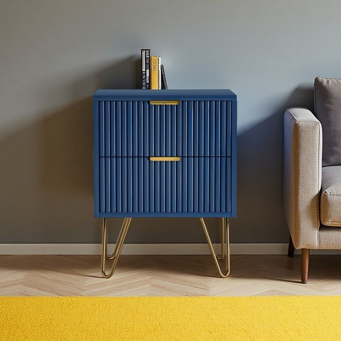 Table de Chevet & Appoint - Bleu Navy - 2 Tiroirs Modulables - Pieds Métalliques Dorés - Design Contemporain