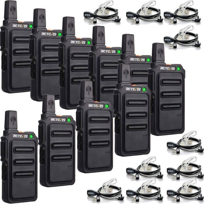 Retevis RT619 Mini Walkie Talkie with Earpieces, PMR446 1300mAh Rechargeable, Metal Back Clip, VOX, for School (10 Pcs)
