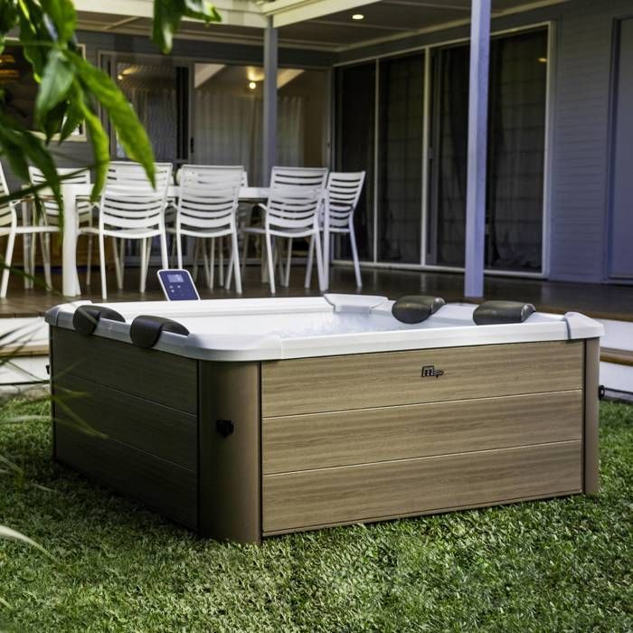 Bañera de hidromasaje rígida cuadrada OSLO AMBER para 6 personas, color beige, con hidromasaje y 4 cojines.