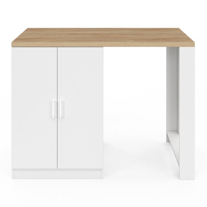 Isla central IDMARKET LINO de 120 cm para 2 personas, madera blanca con encimera efecto haya y puertas de cristal.