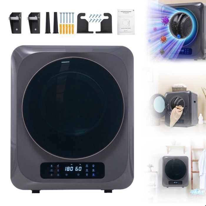 Secadora de roupa de 850 W, capacidade de 3 kg/4 kg, 6 programas, esterilização UV, proteção contra sobreaquecimento, montagem na parede, eficiente em termos energéticos.