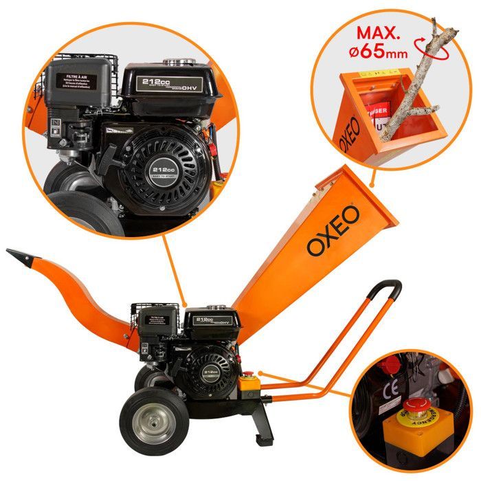 Trituradora de madera a gasolina de 7 CV - Ramas de hasta 6,5 cm de diámetro - Trituradora de madera a gasolina - Motor de 4 tiempos y 212 cc - Potente