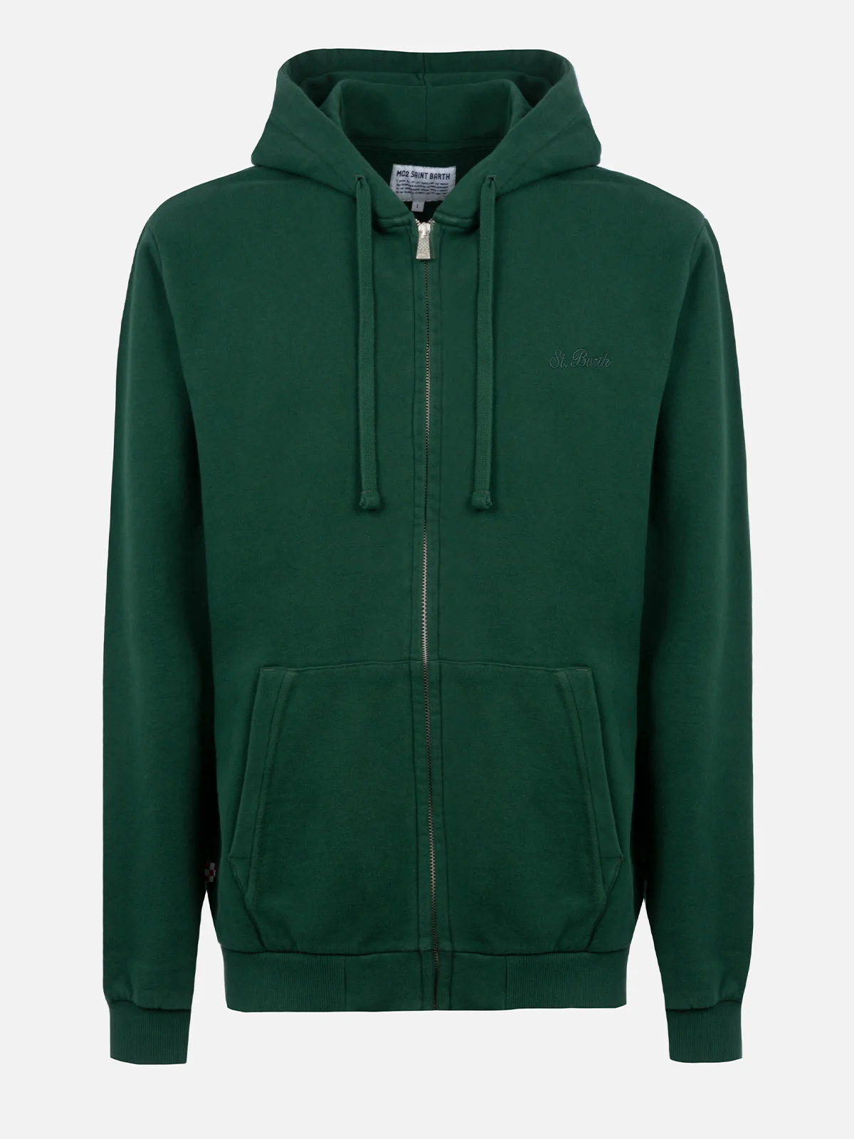 Engelse groene herenhoodie met rits en St. Barth-borduurwerk.
