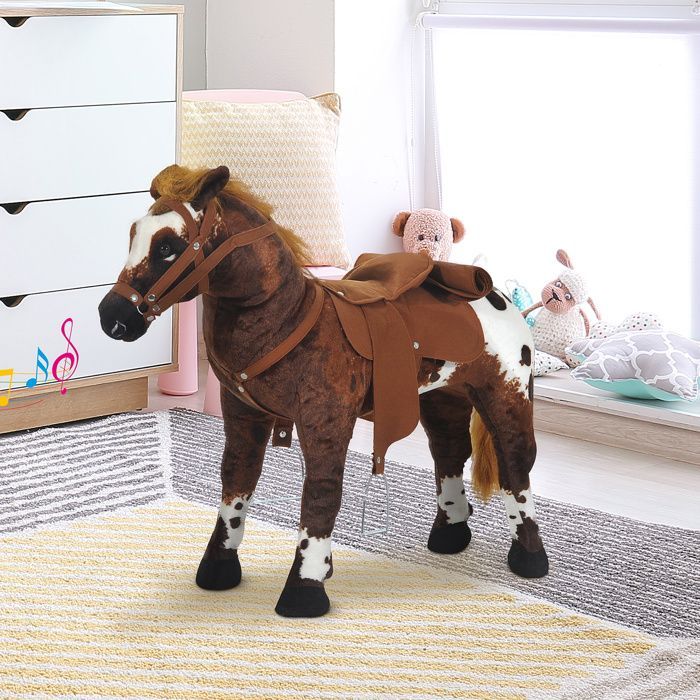 Juguete balancín - HOMCOM - Caballo de peluche de pie con efectos de sonido (relincho, galope, silla de montar) - Madera - 85x28x60cm - Marrón y blanco