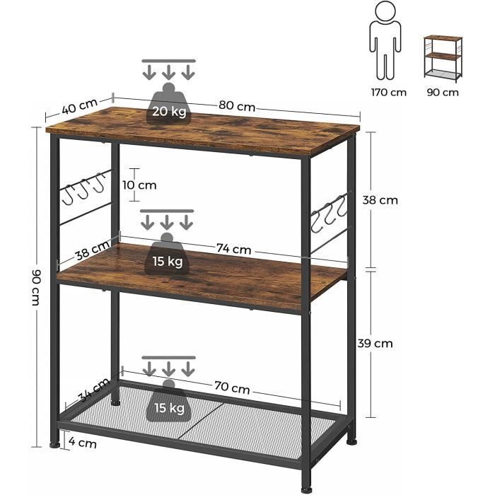 VASAGLE Kitchen Cart - Microwave Oven Stand - 80 x 40 x 90 cm - Industrial Style