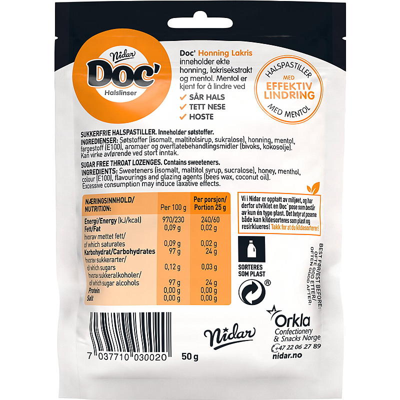 Pastillas para la garganta Nidar Doc 50 g Miel y regaliz
