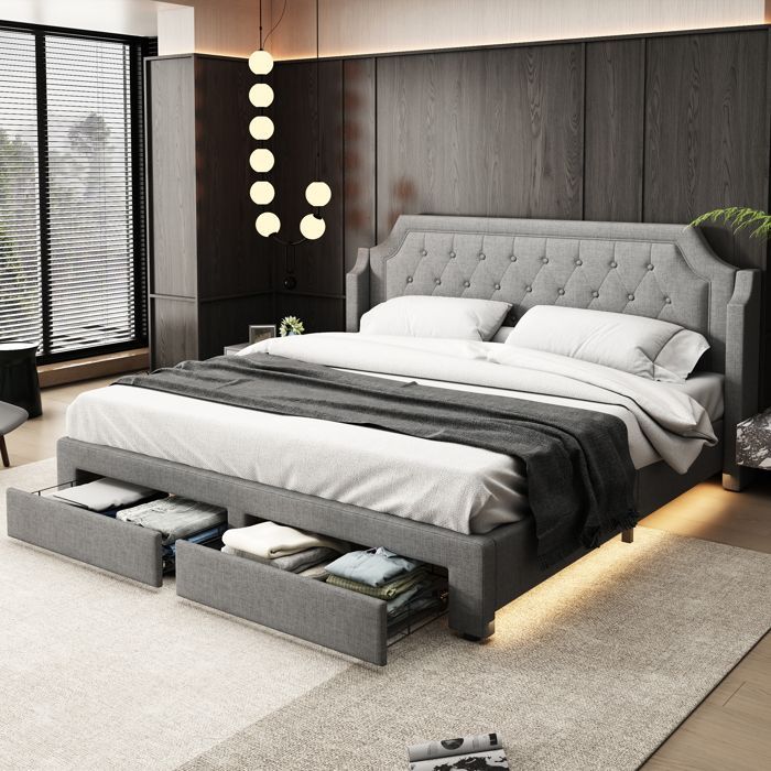 Cama estofada 180*200 com estrado de ripas e cabeceira, com 2 gavetas, cama com LED, adequada para adolescentes, adultos e jovens.