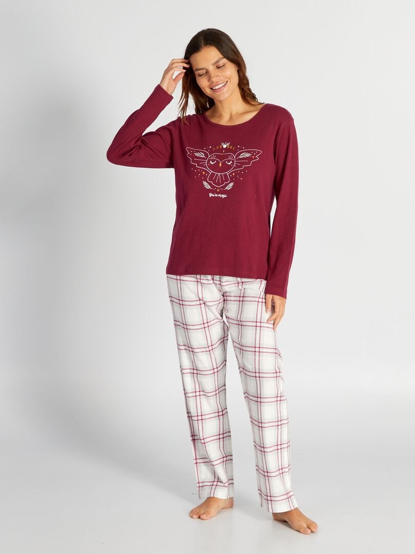 Pijama largo con camiseta y pantalón de franela - 2 piezas - ROJO