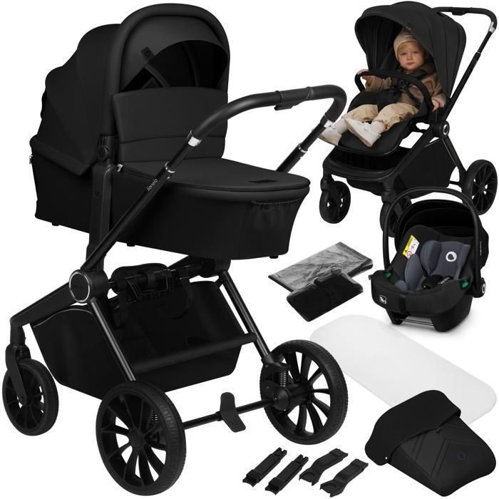 Poussette combinée 3en1 LIONELO Mika Plus - Jusqu'à 22kg - Pack poussette Trio, Nacelle, Siege auto et accessoires - Noir