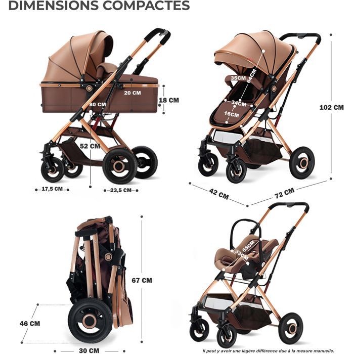 Cochecito de bebé KITYTETY 3 en 1 - Con capazo/silla de coche 0+/cochecito reversible - Hasta 20 kg - Desde el nacimiento - Caqui