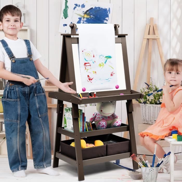 Cavalletto per bambini COSTWAY - Magnetico bianco e nero, rotolo di carta (carta inclusa), 3 ripiani e 2 contenitori portaoggetti, marrone