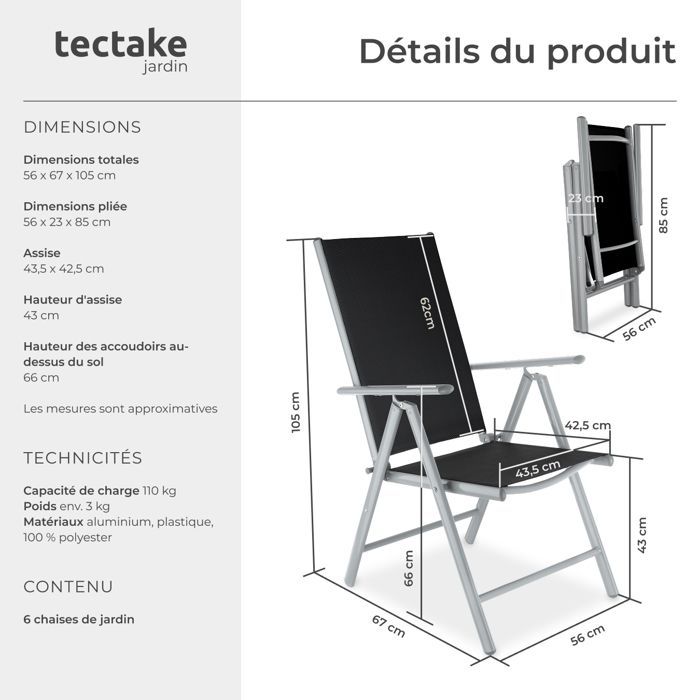 Fauteuils de jardin - TECTAKE - Lot de 6 chaises de jardin pliantes MARILENA Pliable Dossier réglable en 7 positions - Noir/Gris